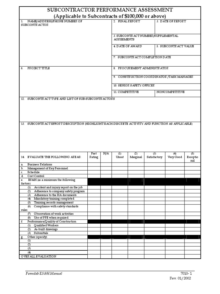 7010 - Subcontractor Performance Assessment Form | PDF | Evaluation ...