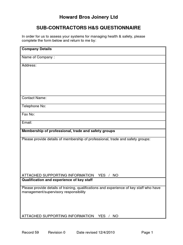 Howard Bros Joinery LTD SubContractors H&S Questionnaire Company