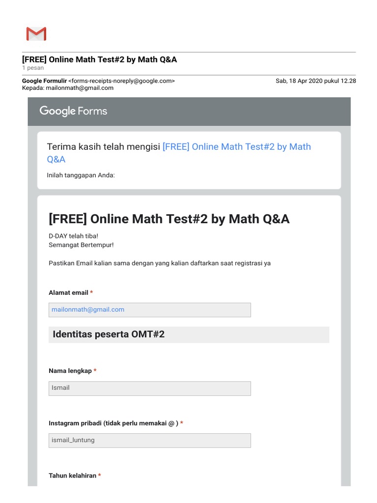 Gmail (FREE) Online Math Test2 by Math Q&A PDF