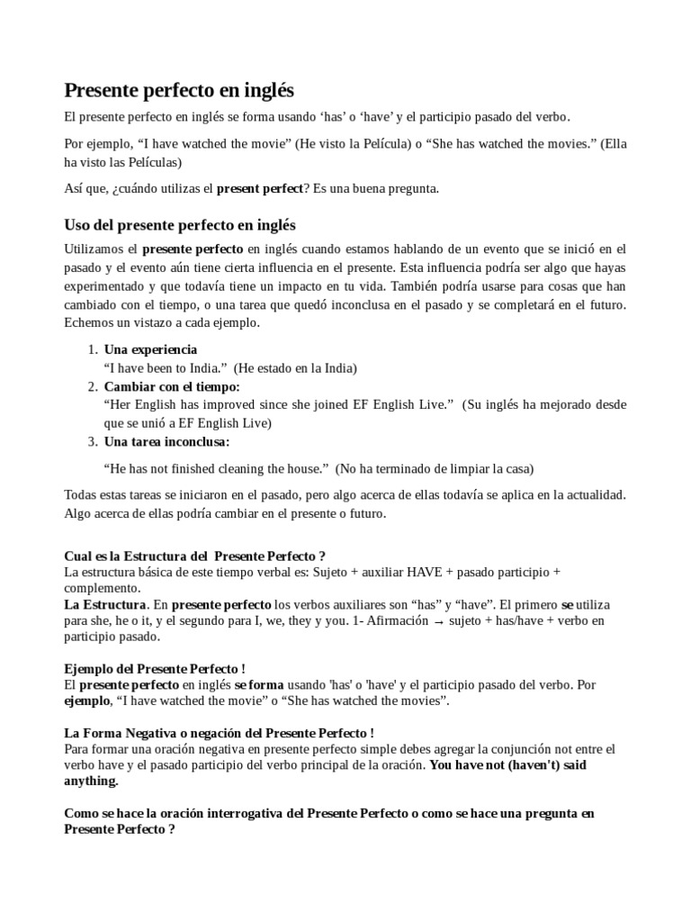 Presente Perfecto en Inglés | PDF | Verbo | Idioma en Inglés