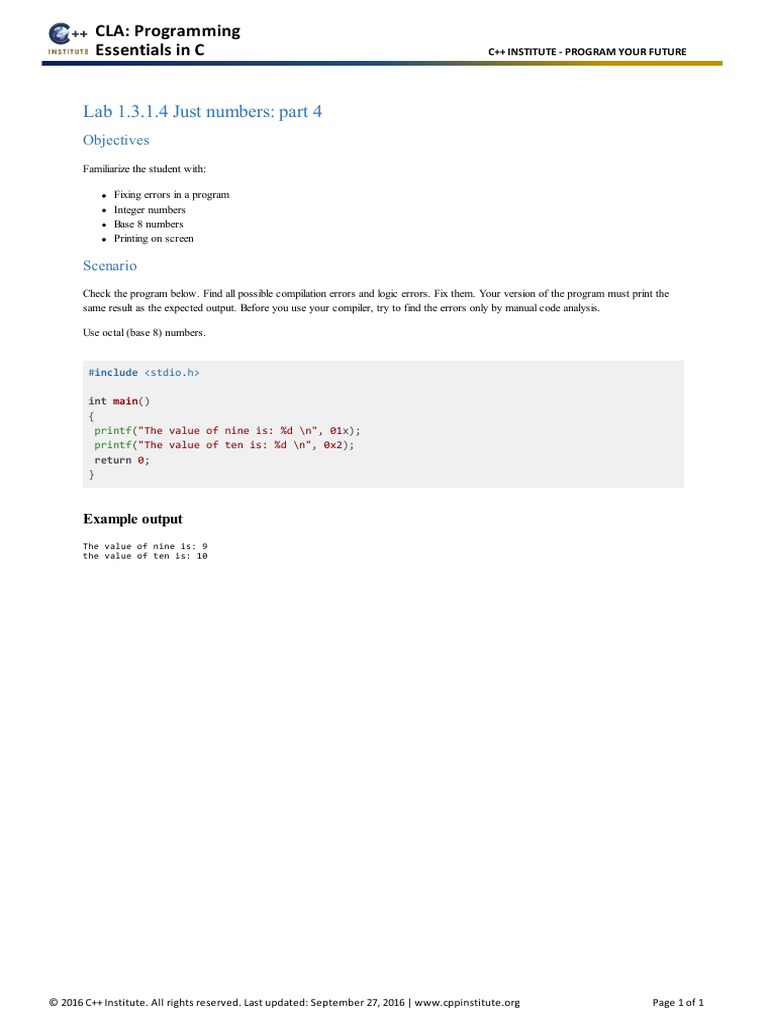 CLA: Programming Essentials in C: Lab 1.3.1.4 Just Numbers: Part 4 | PDF