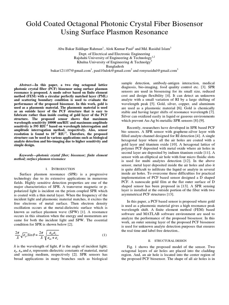 Gold Coated Octagonal Photonic Crystal Fiber Biosensor PDF | PDF ...