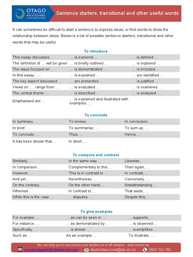 Sentence Starters, Transitional and Other Useful Words: To Introduce ...