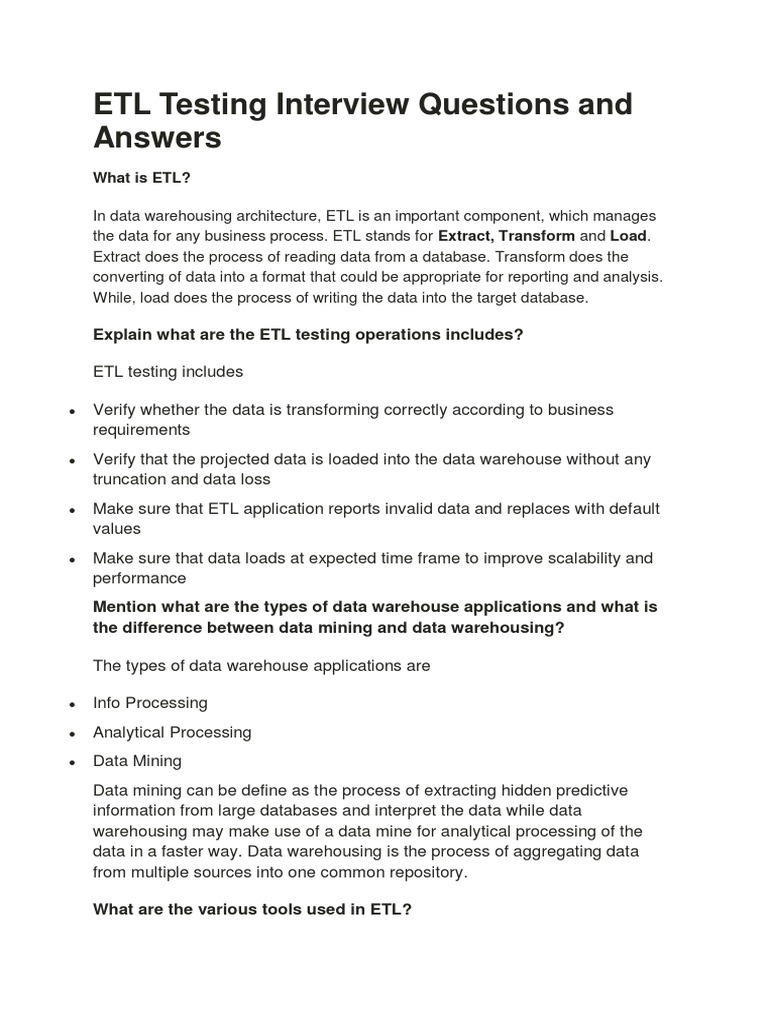 ETL Testing Interview Questions and Answers PDF PDF Data Warehouse