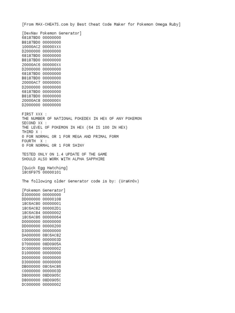 A Collection of Cheat Codes for Pokemon Omega Ruby and Alpha Sapphire