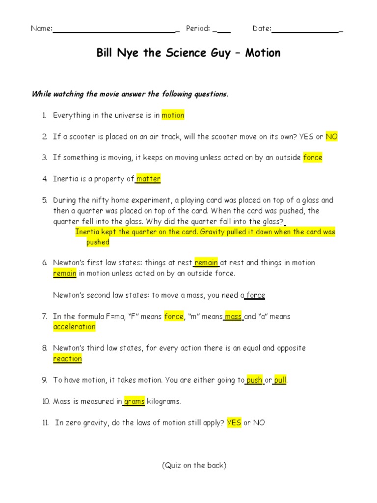 Bill Nye Motion Worksheet Key