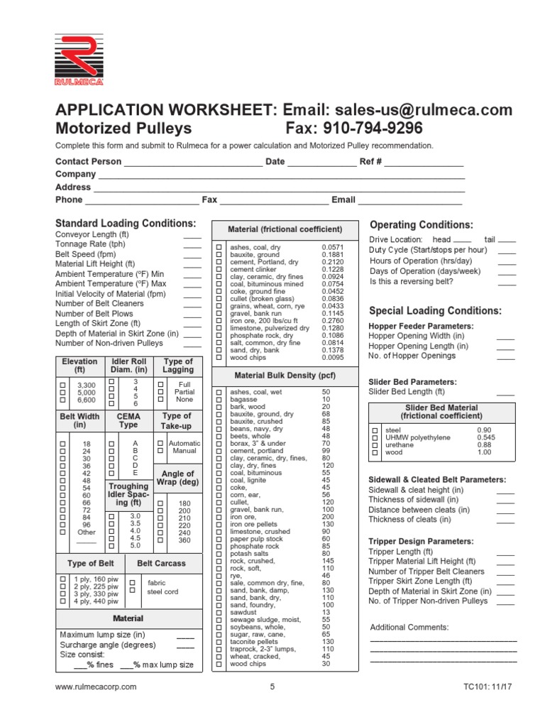 Application Worksheet Motorized Pulleys Fax 9107949296 Standard