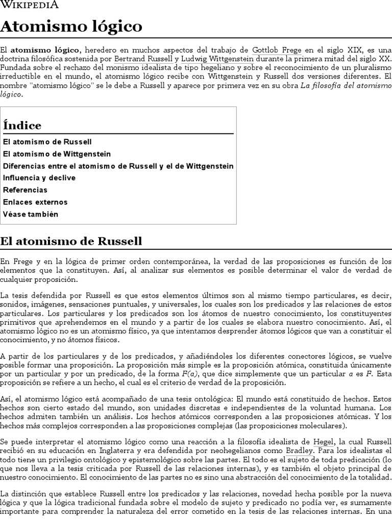 Atomismo Lógico Wikipedia, La Enciclopedia Libre PDF Filosofía