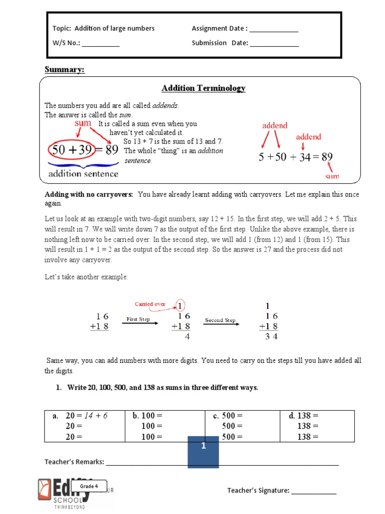 Grade 4 Addition Concepts and Exercises | PDF | Arithmetic | Teaching ...