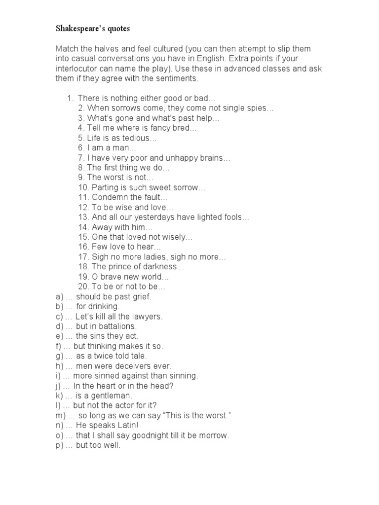 Shakespeare Quotes Matching Game | PDF | Language Arts & Discipline | Art