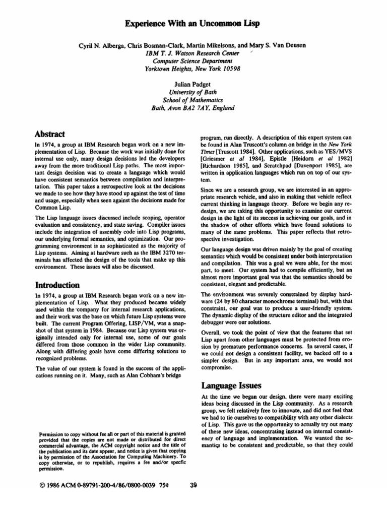 Experience With An Uncommon Lisp | PDF | Scope (Computer Science ...