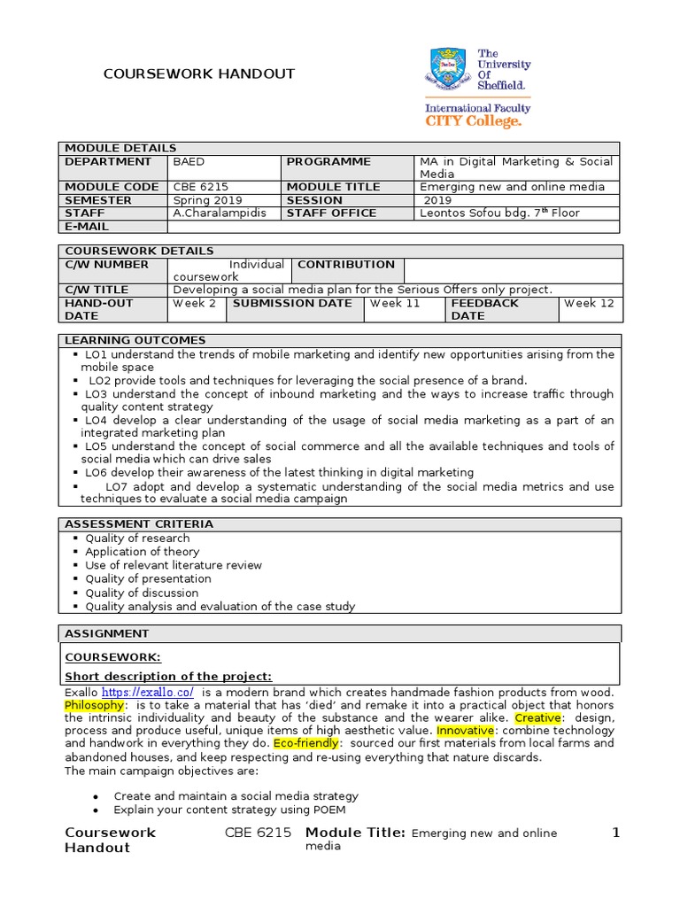 Coursework Handout: CBE 6215 Module Title | PDF | Social Media ...