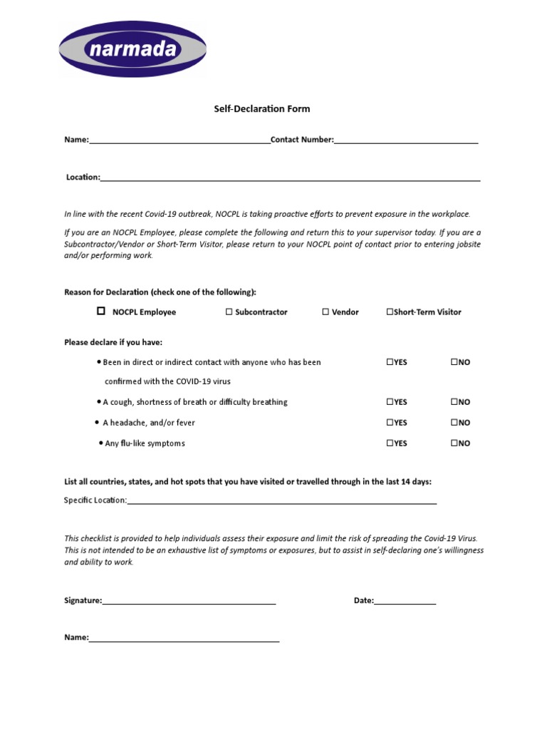 Self Declaration Checklist - Covid 19 | PDF | Business