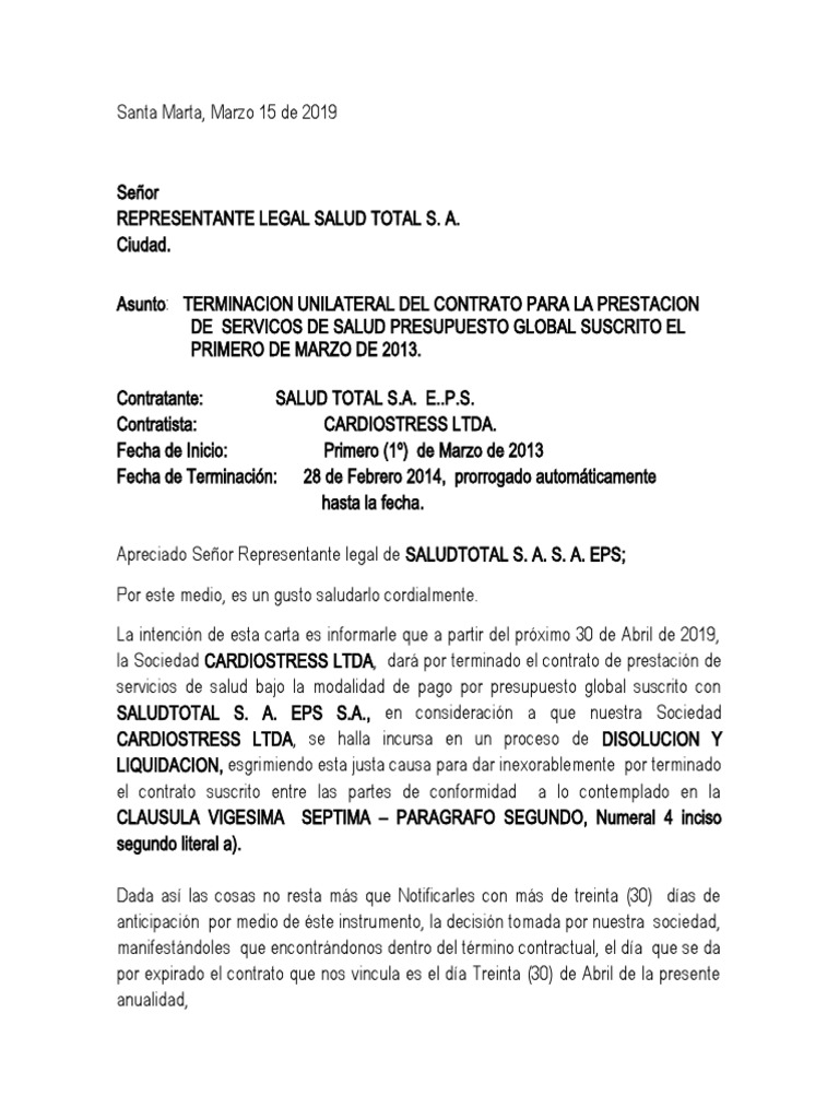 Carta Terminacion Contrato Salud Total Sa Eps | PDF | Gobierno