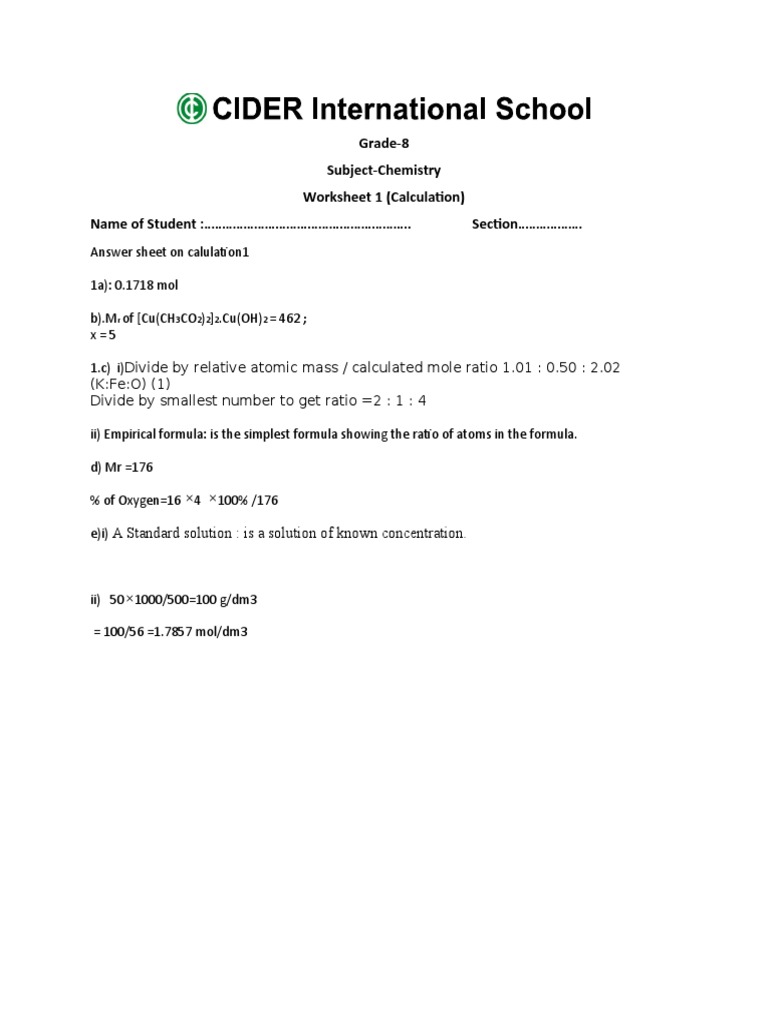 Grade 8 Chemistry Calculation Worksheet | PDF