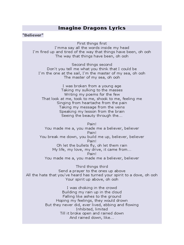 Imagine Dragons Lyrics Believer Pdf