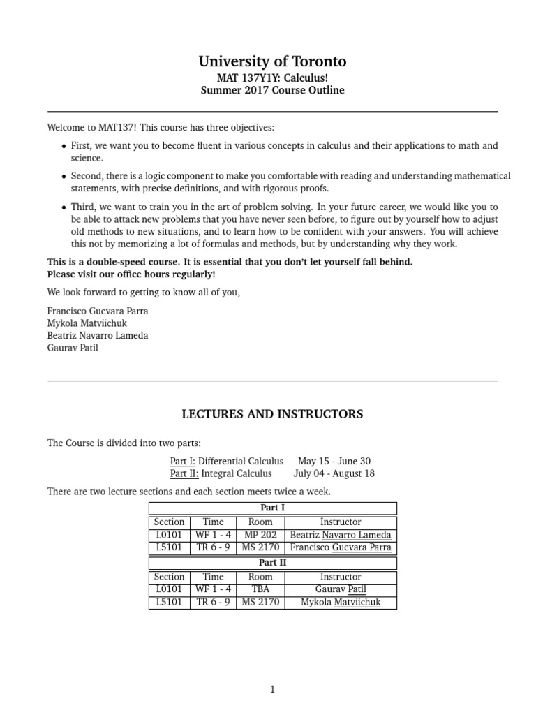 MAT137 Course Outline Summer2017 | PDF | Integral | Derivative
