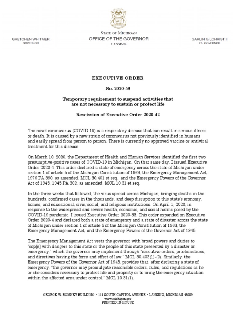Michigan Executive Order 2020-59 Summary | PDF | Emergency Management ...