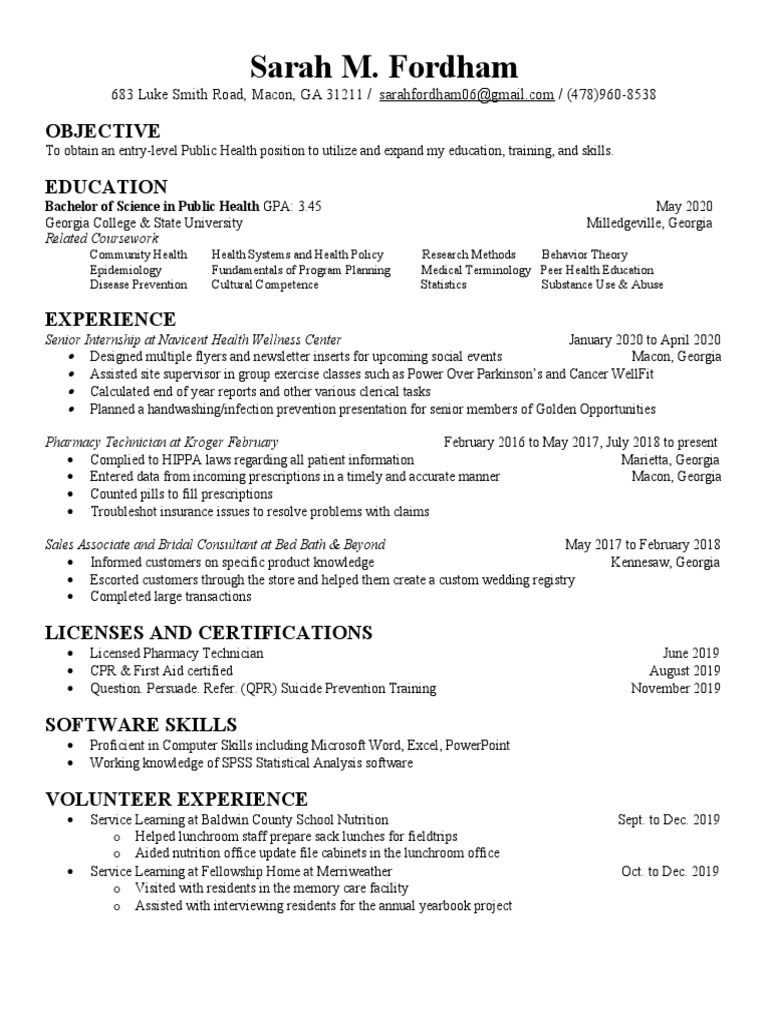 Kins 4306 Sarah Fordham Resume PDF Pharmacy Public Health