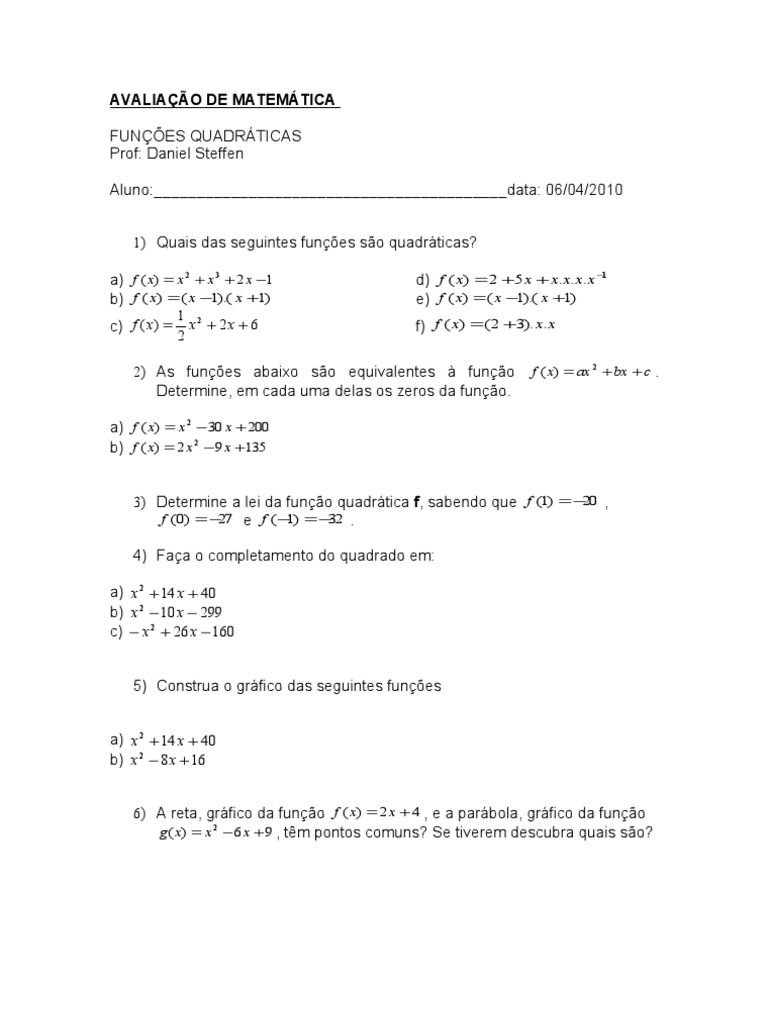 Avaliacao De Matematica X X X F