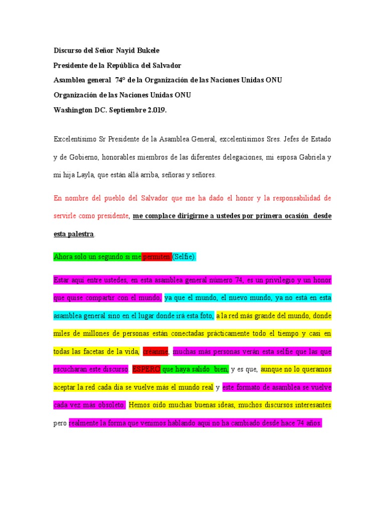 Discurso Nayib Bukele ONU PDF Naciones Unidas Relaciones