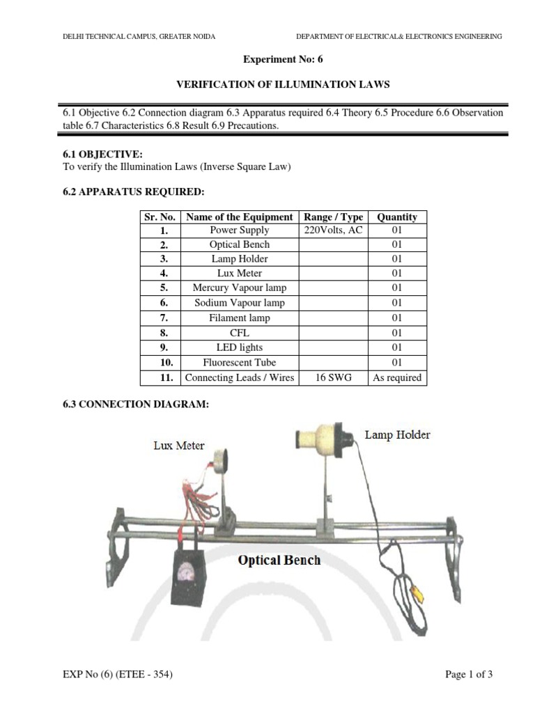 Experiment No 6 Verification of Illumination Laws PDF Incandescent