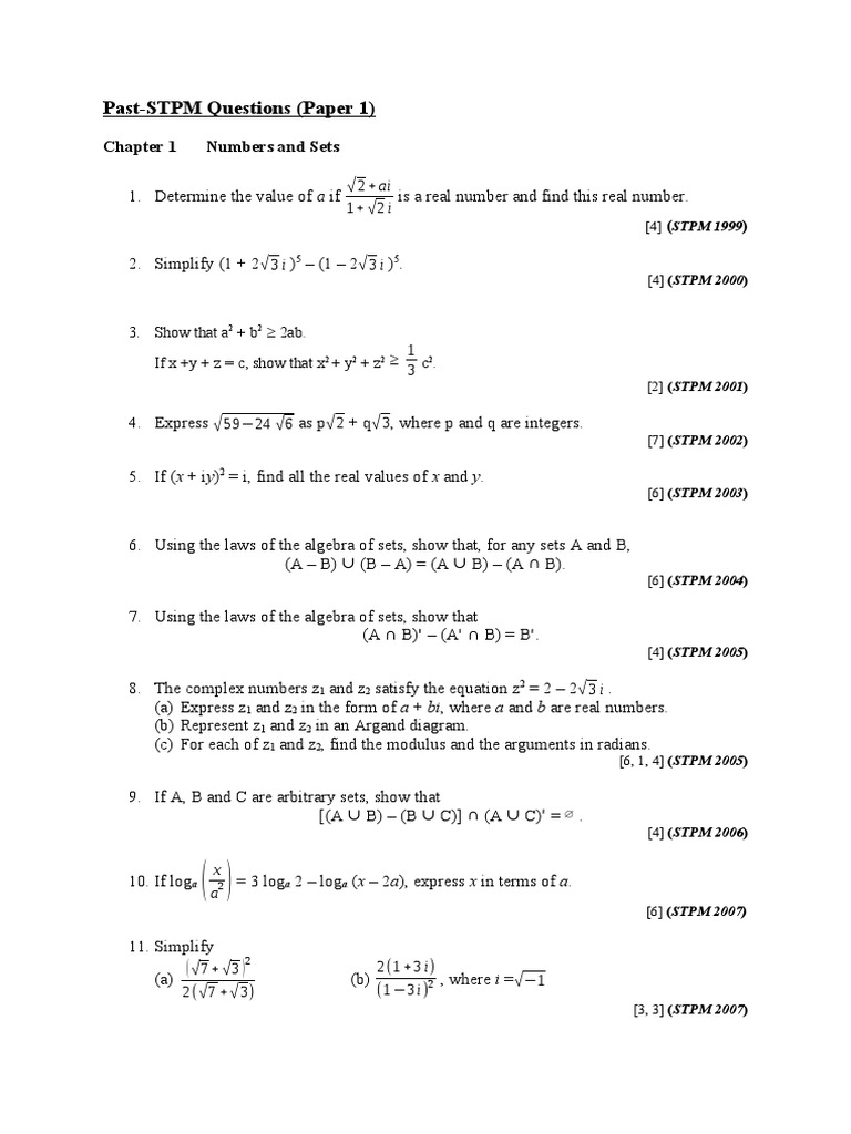 STPM Past Questions: Numbers & Sets | PDF | Complex Number | Elementary ...