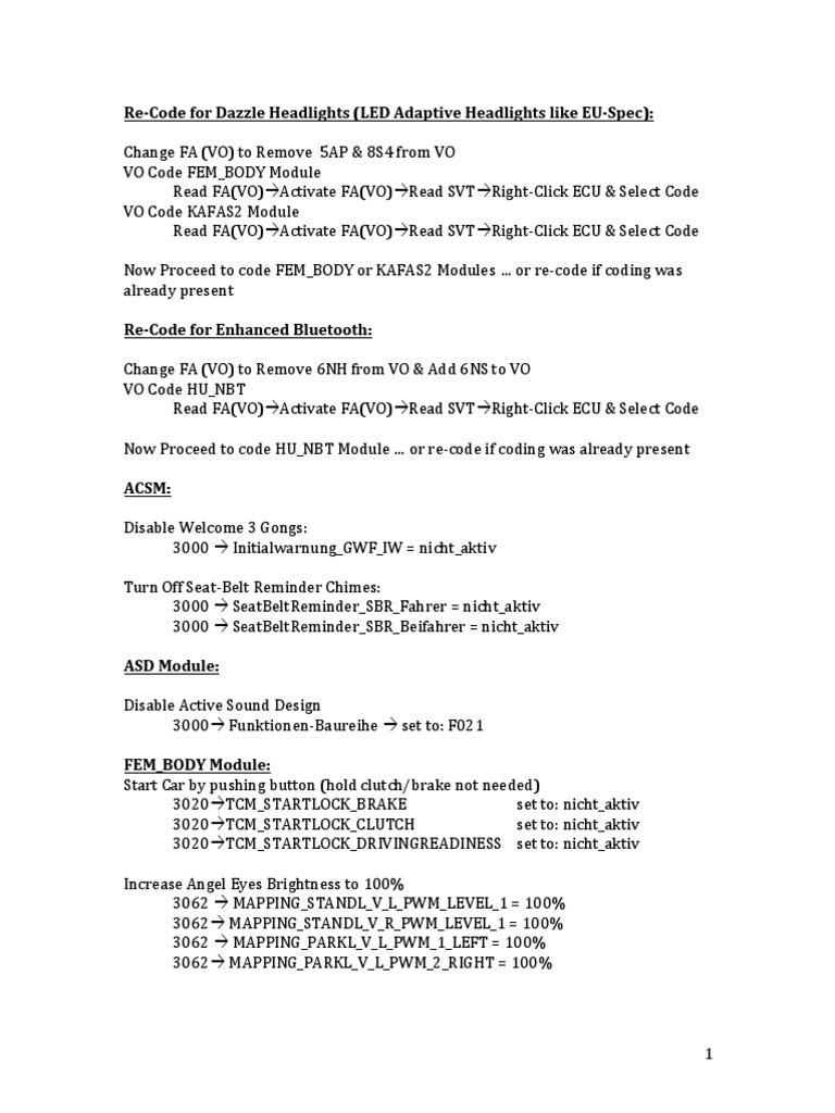 BMW Coding Cheat Sheet for F-Series | PDF | Automotive Technologies ...
