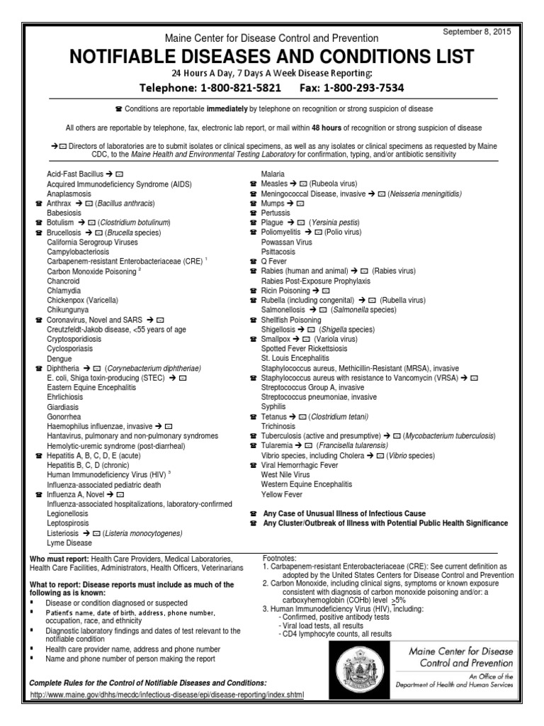 Notifiable Diseases and Conditions List Telephone 18008215821 Fax