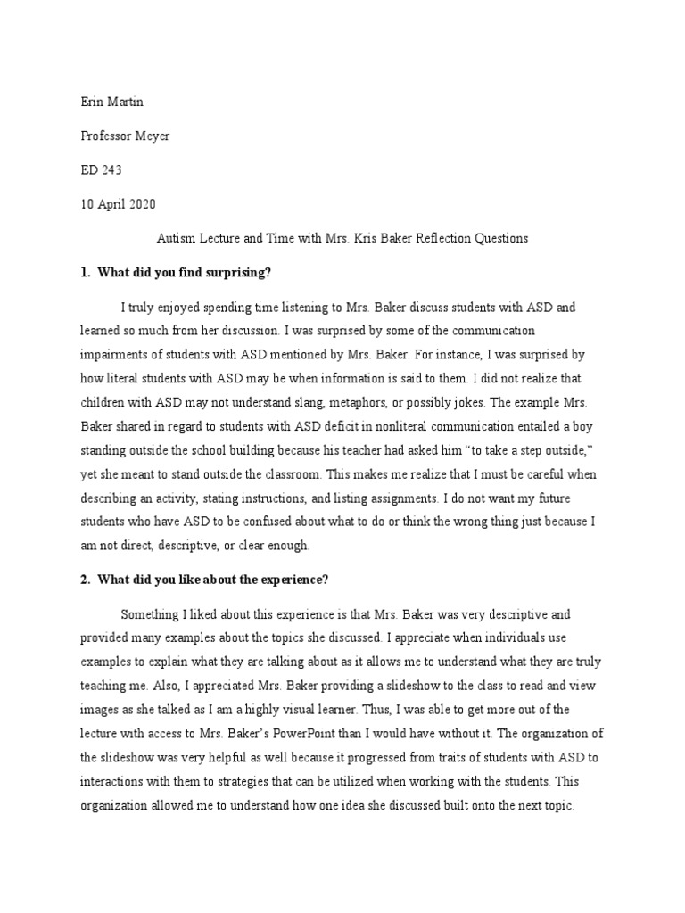 Final 2 - Kris Baker Visit Reflection 1 | PDF | Autism Spectrum | Lecture