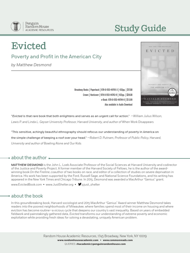 "Evicted" by Matthew Desmond Study Guide PDF Landlord Eviction