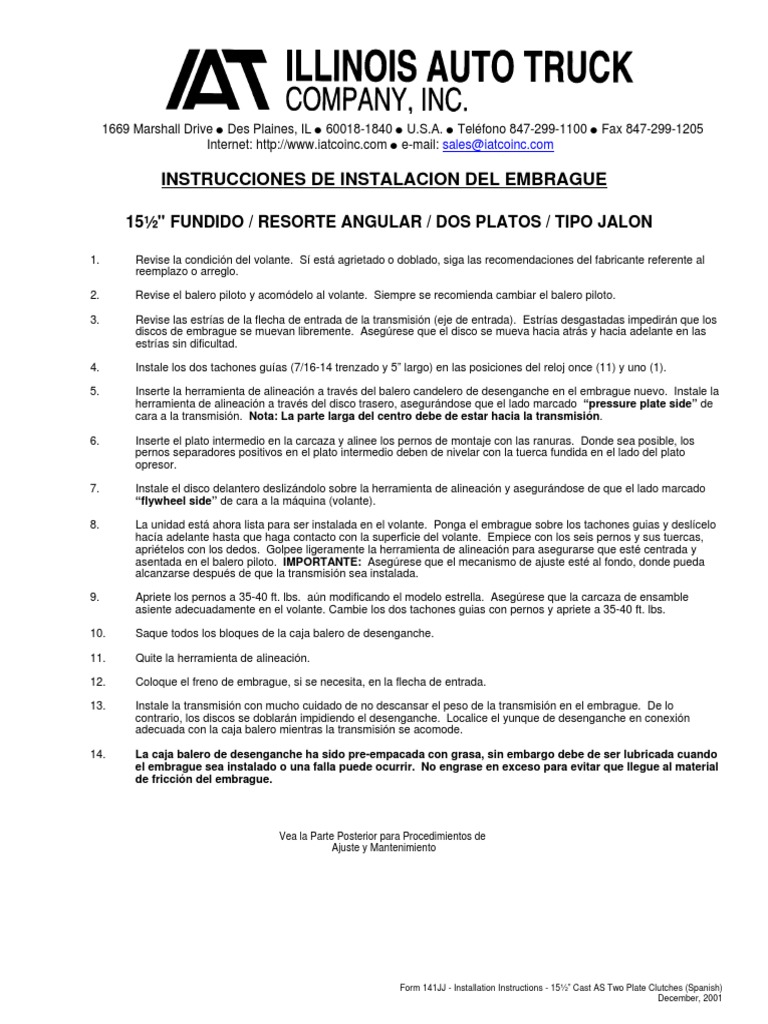 141JJ IATCO Instructions 15.5 Inch Cast AS TwoPlate Clutch