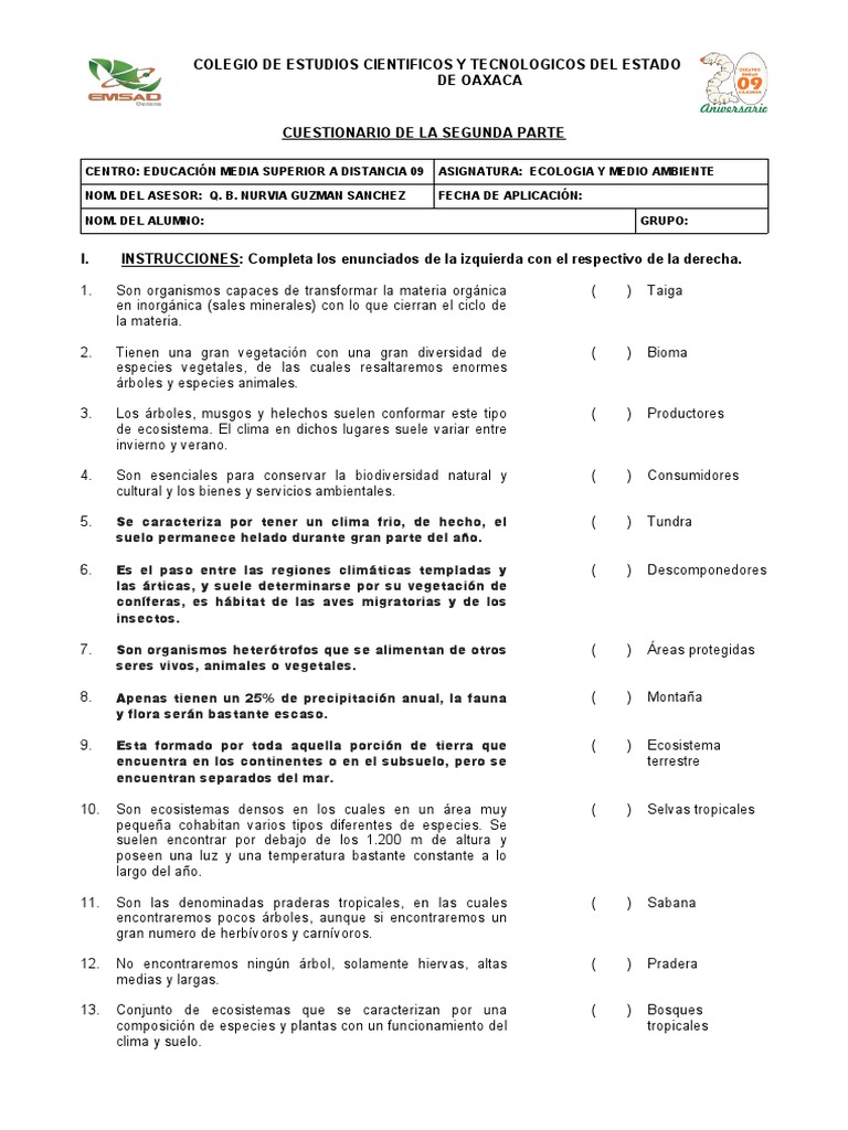 Cuestionario de Ecología y Medio Ambiente | PDF | Ecosistema | Ecología