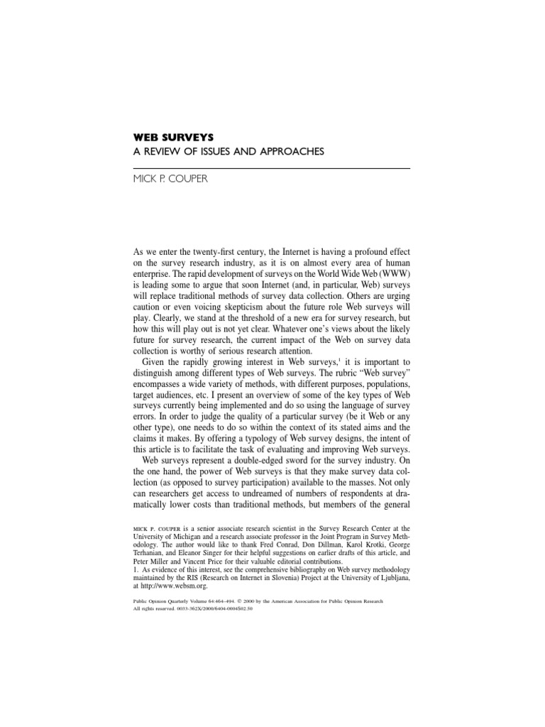 Couper - Web Surveys A Review of Issues and Approaches PDF | PDF ...