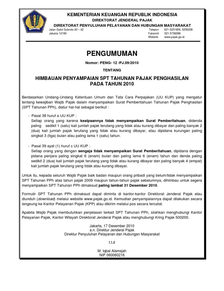 Himbauan Penyampaian Spt Tahunan Pajak Penghasilan Pph Tahun Pajak 2010 Pdf