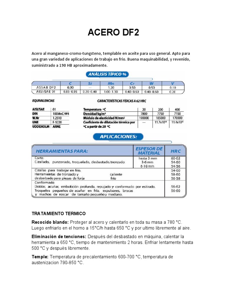 Ficha Técnica Acero DF2 | PDF