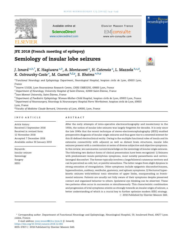 Semiology of Insular Lobe Seizures: Sciencedirect | PDF | Insular ...