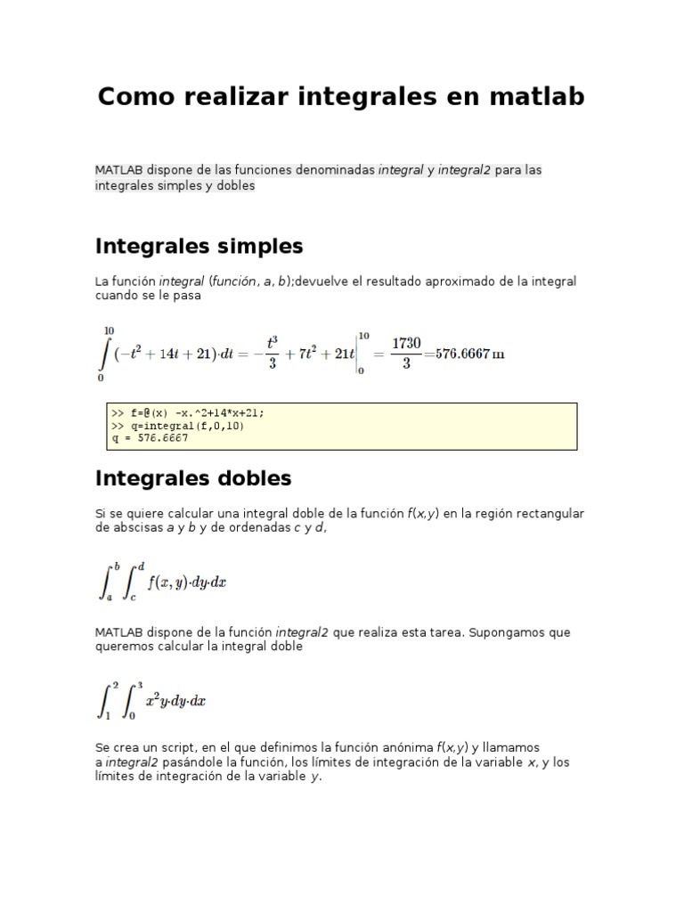 Integración de funciones en MATLAB | PDF | Integral | Enseñanza de ...