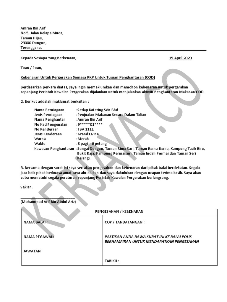 Contoh Surat Kebenaran Cod Kerjaya Co Pdf