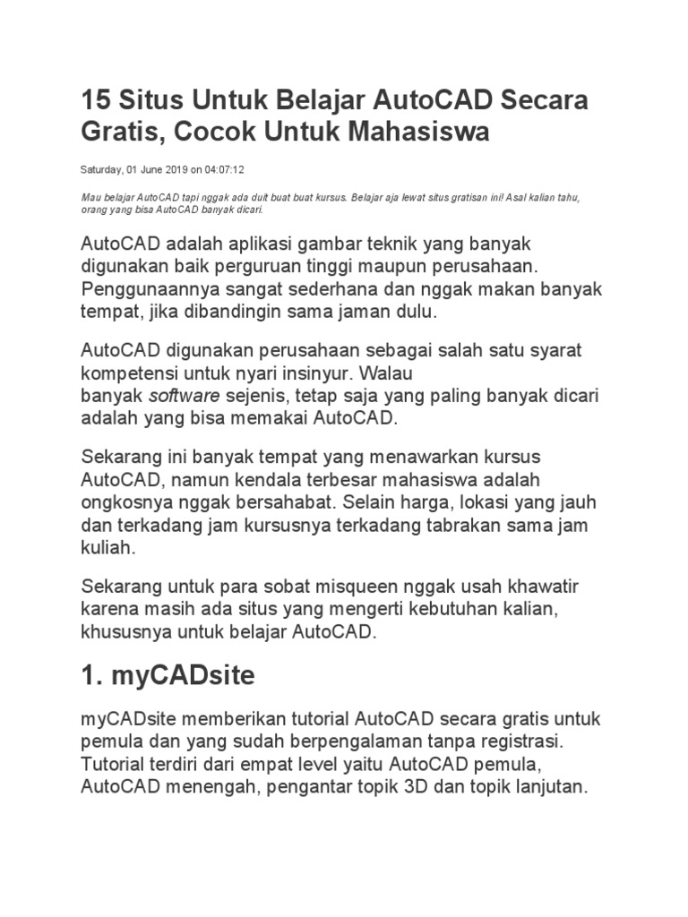 15 Situs Gratis Belajar AutoCAD untuk Pemula | PDF | Seni | Teknologi ...
