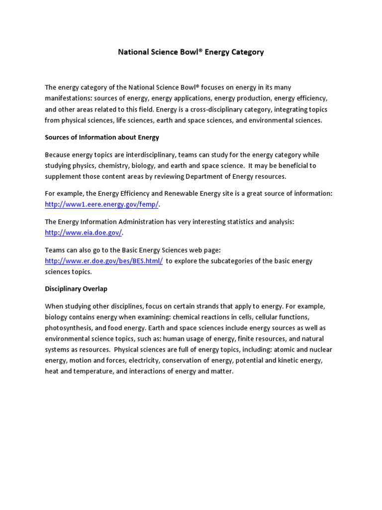National Science Bowl® Energy Category Sources of Information About
