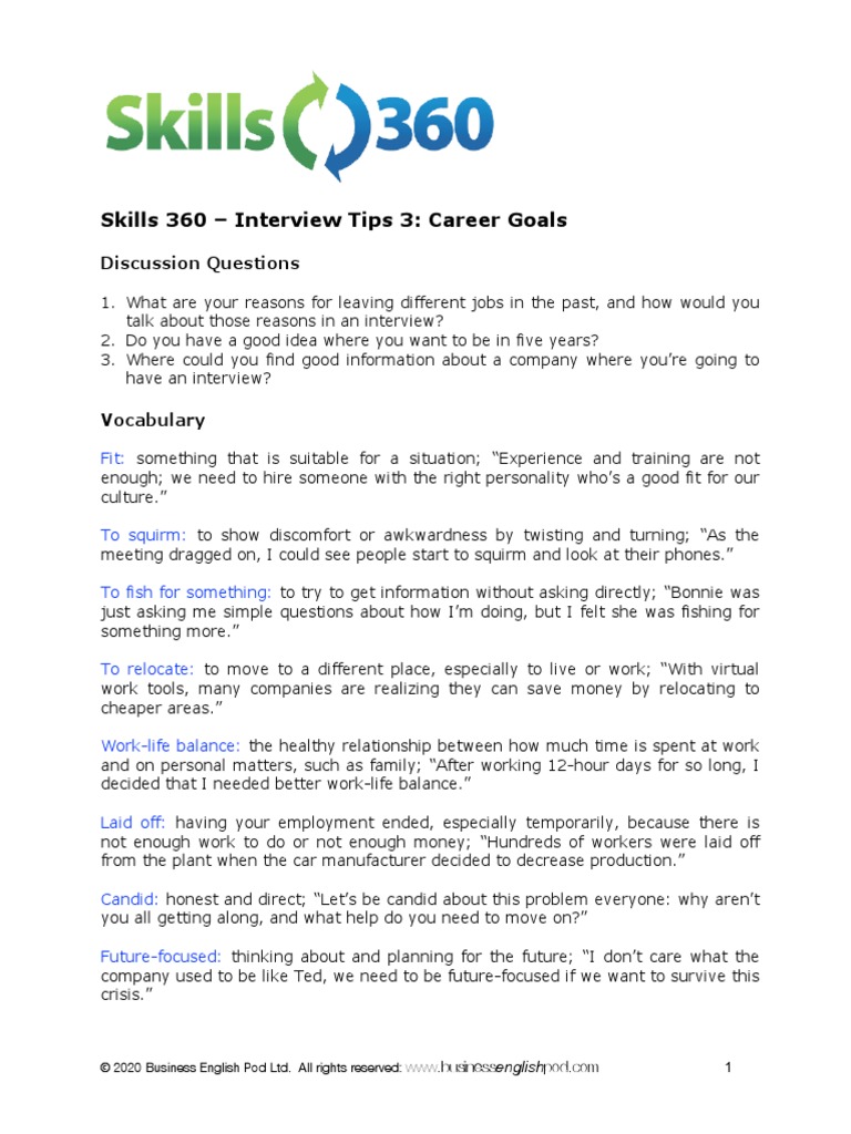 Skills 360 - Interview Tips 3: Career Goals: Discussion Questions | PDF ...