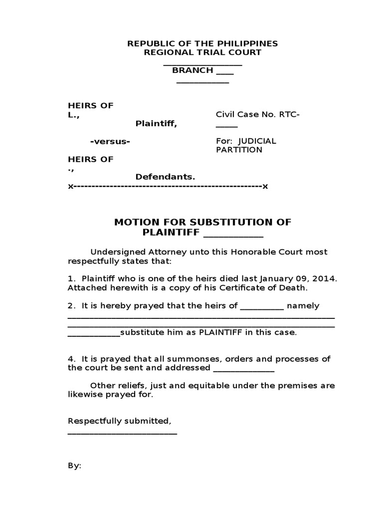 Motion for Substitution of Plaintiff | PDF
