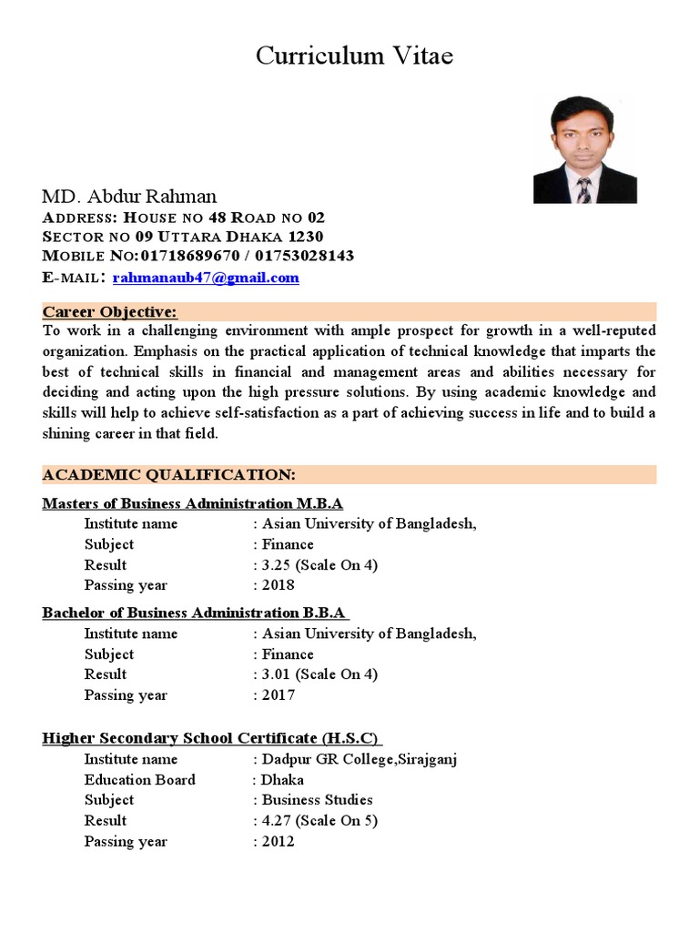 CV of Md. Abdur Rahman | PDF | Bangladesh | Master Of Business ...