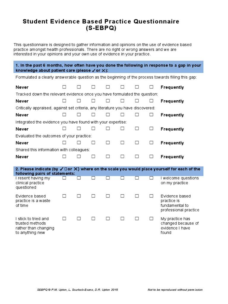 Student Evidence Based Practice Questionnaire (SEBPQ) PDF Evidence