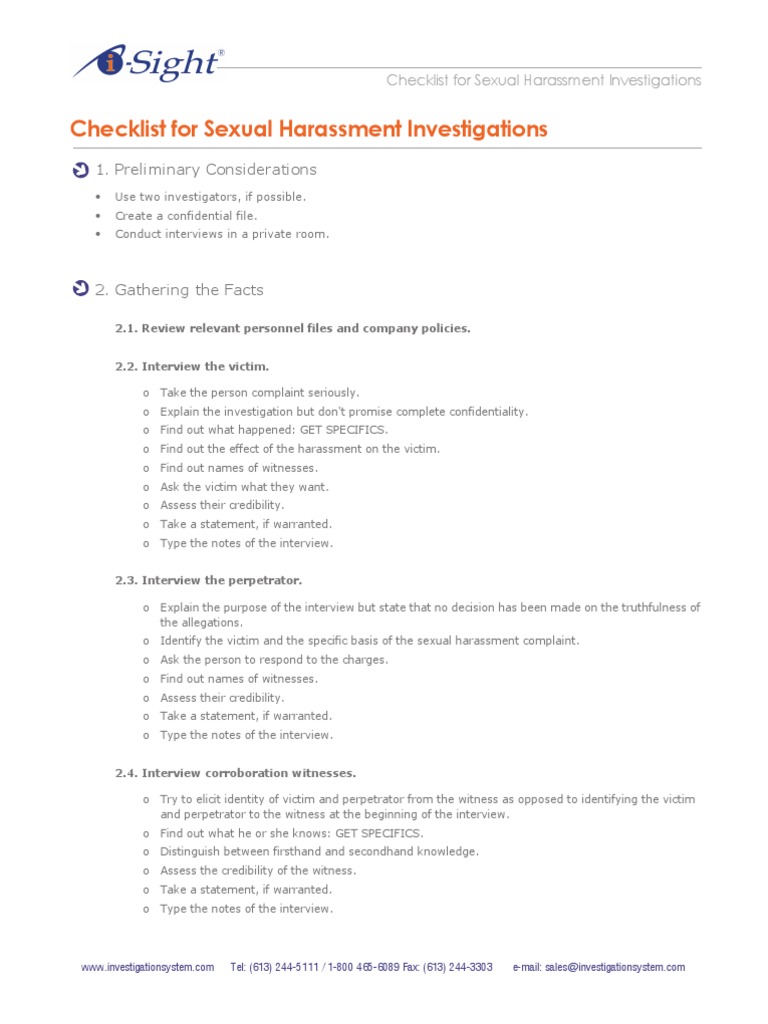 Checklist For Sexual Harassment Investigations | PDF | Sexual ...