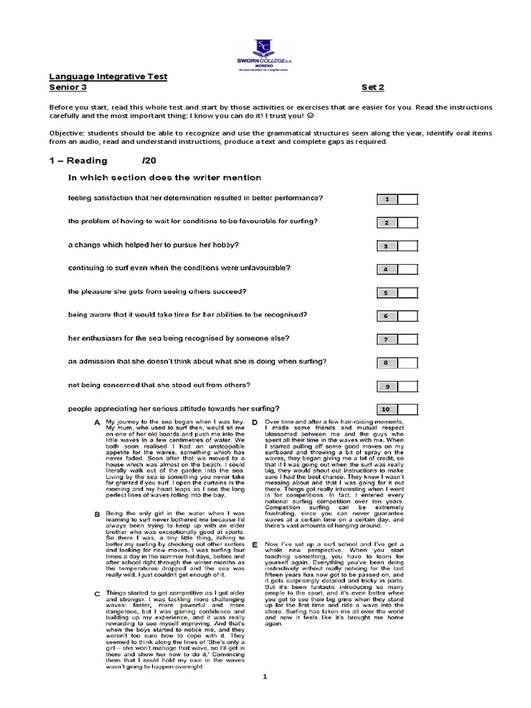 Language Integrative Test for Seniors | PDF | Word | Grammar