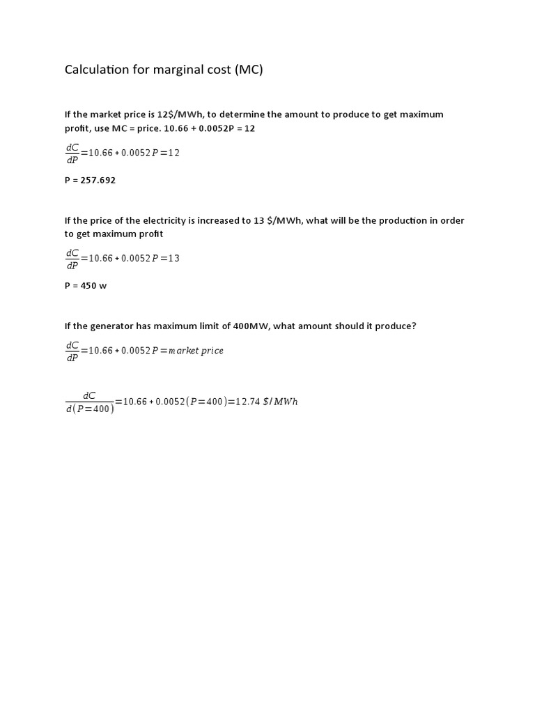 Marginal Cost Calculation for Electricity Production | PDF