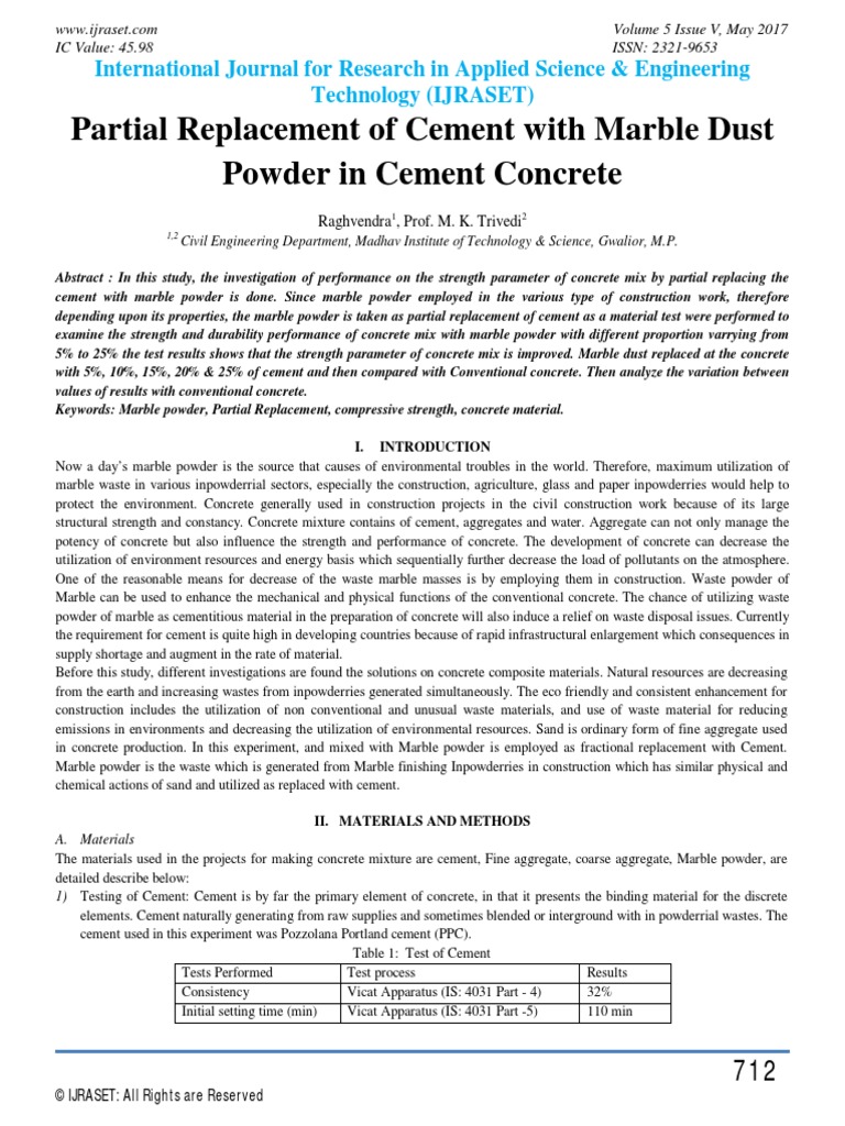 Partial Replacement of Cement With Marble Dust Powder in Cement ...
