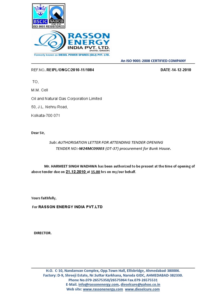 Authority Letter For Attending Tender Methane Hydrocarbons Credit extension and collection letter. authority letter for attending tender